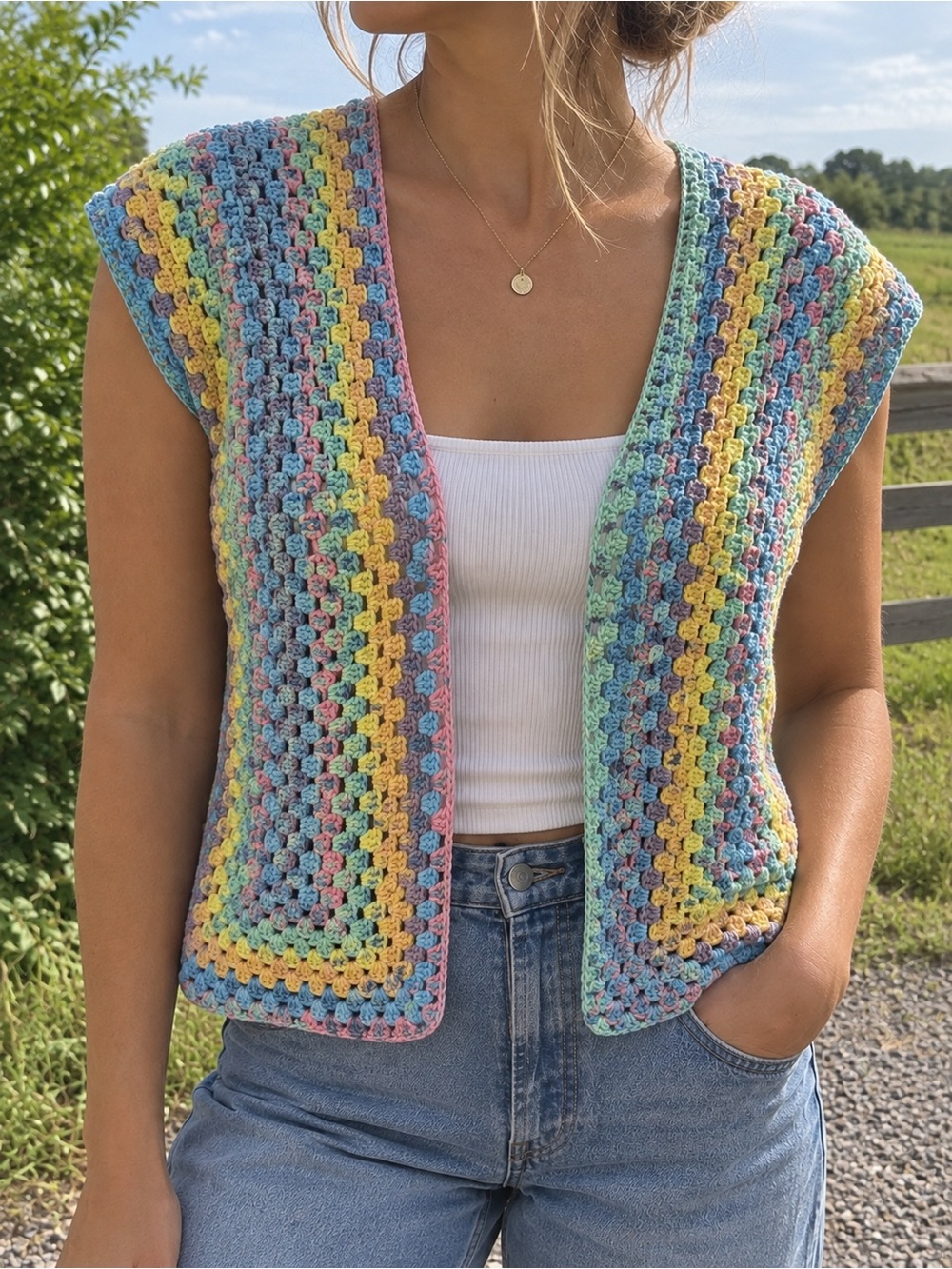 Pastel Multicolor Crochet Open-Front Vest - Women’s Sweater Cardigan